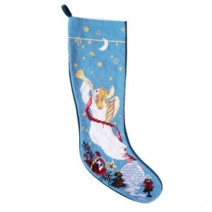 Vtg Needlepoint Stocking Blue/Green Angel Playing Trumpet Moon Stars Velvet Back